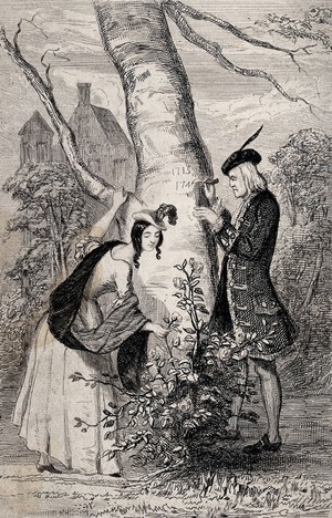 view Blair castle, Blair Atholl, Perthshire: Tullibardine, a Jacobite, carves the date 1745 in the trunk of a tree while Ellen picks a white rose planted in honour of Bonny Prince Charlie. Etching by S. Lover.