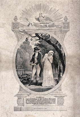 A man with papers in his hand looks questioningly at a young woman (Pamela) who turns her face away. Engraving by C. Warren, 1801, after R. Corbould.