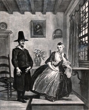 view A young woman sits and listens with scorn to a man's declarations of love. Mezzotint by James Wilson after C. Troost.