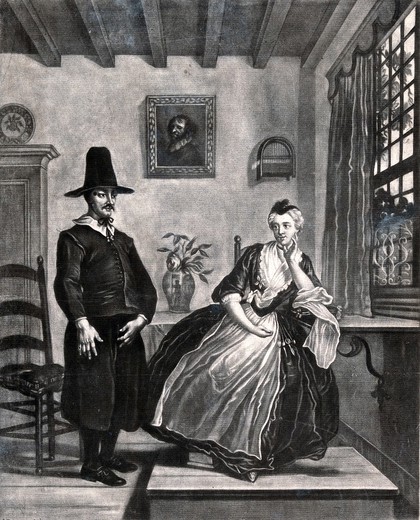 A young woman sits and listens with scorn to a man's declarations of love. Mezzotint by James Wilson after C. Troost.