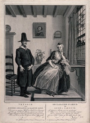 view A woman sits and rejects her companion's declaration of love with scorn. Engraving by J. Punt and P. Tanjé after C. Troost.