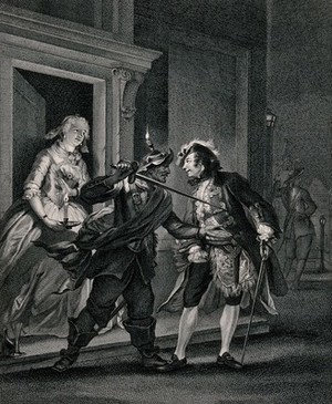 view A young man attempting to visit a young lady at a door: he is prevented from doing so by a guard. Engraving by J. Houbraken after C. Troost.