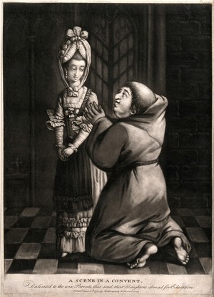 view A monk is on his knees in front of a young woman. Mezzotint.