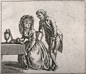 view A woman sits at a table with a man leaning on the back of her chair. Etching, 17--.