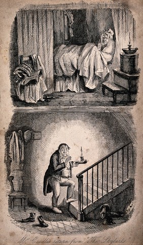 A man returns late at night and removes his shoes before climbing the stairs and his wife is waiting for his return. Etching by John Leech.