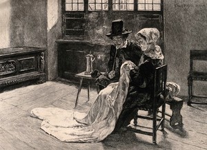 view A man and a woman sit contentedly in their room, he is smoking a pipe while she sews. Etching by H. Struck after Claus Meyer.