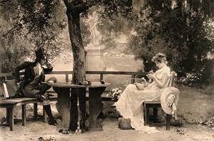 view A young man in uniform sits opposite a girl at a table and gazes at her adoringly. Process print after Marcus Stone, 1888.