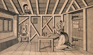view An old woman is praying for a man to come into her life while a young man is watching from a hole in the roof. Engraving by W. Davison, 181-.