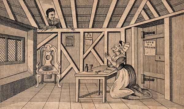 An old woman is praying for a man to come into her life while a young man is watching from a hole in the roof. Engraving by W. Davison, 181-.