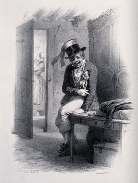 A man with a ribbon on his hat and a flower in his buttonhole waits for a woman in the next room who is putting on a bonnet. Lithograph by Jules David.