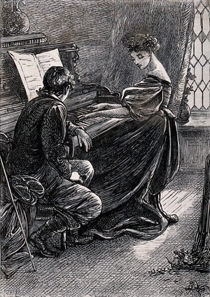 view A young woman plays the piano while a young man leans and listens. Etching by Swain after M.E. Edwards.