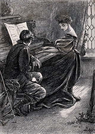 A young woman plays the piano while a young man leans and listens. Etching by Swain after M.E. Edwards.