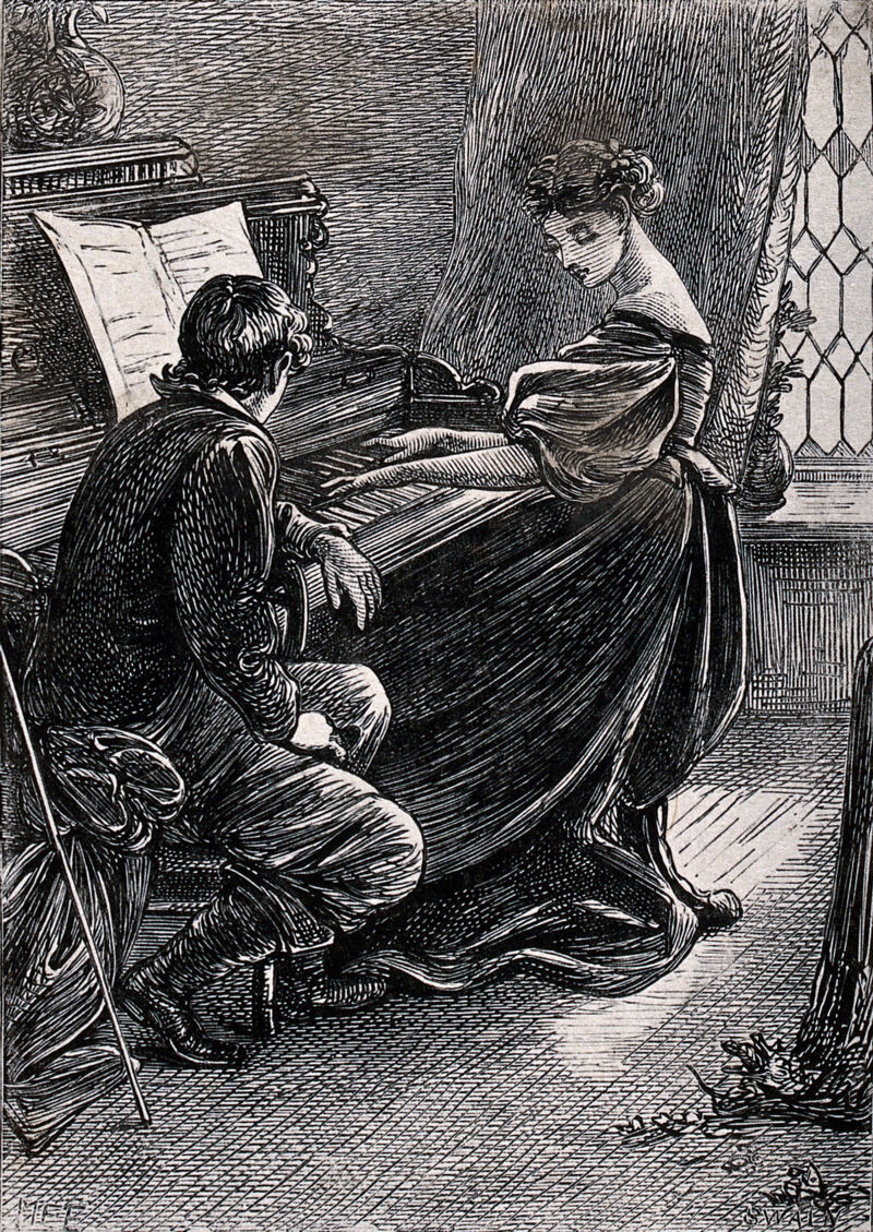 A young woman plays the piano while a young man leans and listens. Etching by Swain after M.E. Edwards., by Mary Ellen Edwards