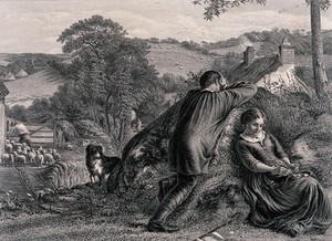 view On farm land, a young man and young woman turn away from each other in a lovers' quarrel. Engraving by R. Wallis after J.C. Hook.