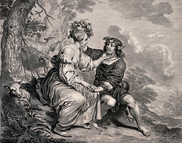 A man and a woman with a herd of goats sit under a tree holding hands; the man places a garland of flowers on the woman's head. Engraving by C. van Dalen the younger after C. Casteleyn.