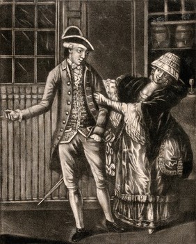 A young woman hangs onto a young man's arm and offers him an invitation. Mezzotint.