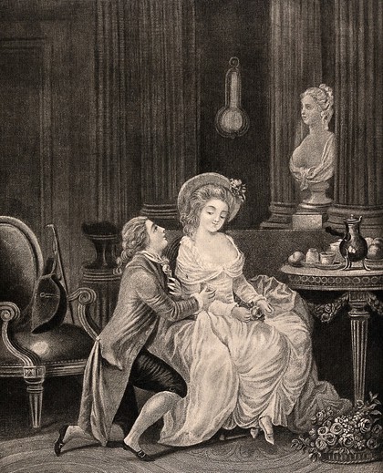 A woman is listening to her lover who is down on one knee. Process print after L.M. Bonnet after J.B. Huet (?).