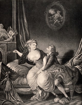 A young couple are on a couch and she is holding the broken fan away from her lover. Process print after J.B. Huet (?}).