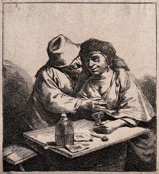 A man has his arms around a woman who is sitting at a table with a glass in her hand. Etching.