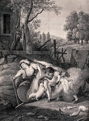 view As a mouse runs up a young woman's leg, young man lifts her skirt and the cat catches it. Engraving by V. Pillement and C. Niquet after E. Le Bel.