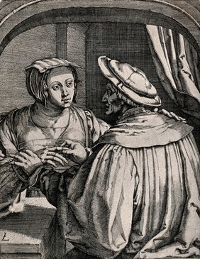 A man holds a woman's wrist and places a ring on her finger. Engraving.