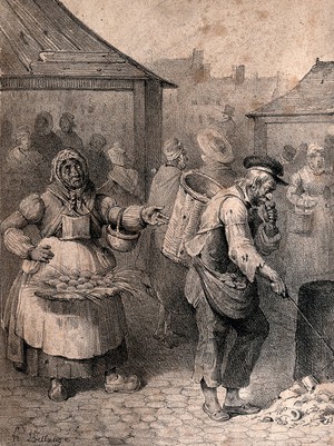 view A woman carrying a basket of eggs looks at a poor old man who is working as a chiffonnier and picking up rubbish with a stick: she exclaims that they were once lovers. Lithograph by H. Bellangé, 1826.