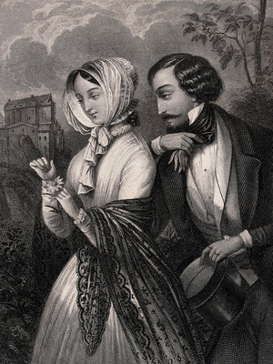 view A young woman seeks confirmation of her companion's love from the petals of a flower. Engraving by Carl Meyer after Adolf Theer.