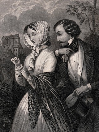 A young woman seeks confirmation of her companion's love from the petals of a flower. Engraving by Carl Meyer after Adolf Theer.