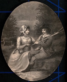 A young couple sitting on a grassy bank, he has a shooting rifle on his shoulder and she has a basket on her lap. Stipple engraving.