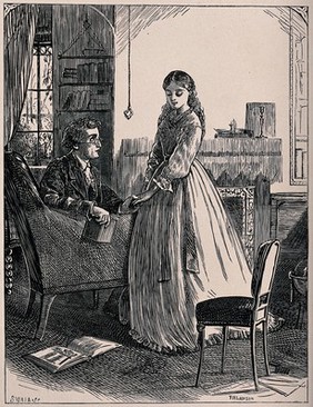 A young man sitting in a chair is holding the hand of a girl and looking up at her. Wood engraving by Swain after F.W. Lawson.