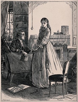 view A young man sitting in a chair is holding the hand of a girl and looking up at her. Wood engraving by Swain after F.W. Lawson.