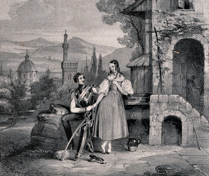 A soldier and a girl are holding hands as he vows his affection. Lithograph.
