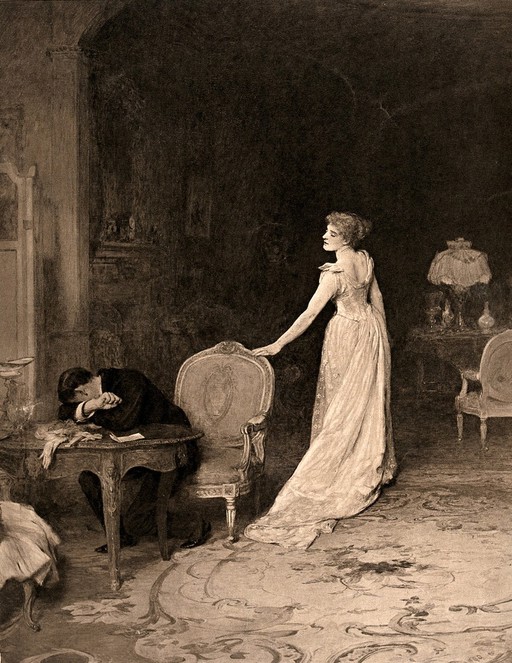 A young woman stands with her hand on the back of a chair, while a young man sitting at the table hides his face in despair. Photographic reproduction after W.Q. Orchardson.