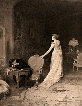 A young woman stands with her hand on the back of a chair, while a young man sitting at the table hides his face in despair. Process print after W.Q. Orchardson.