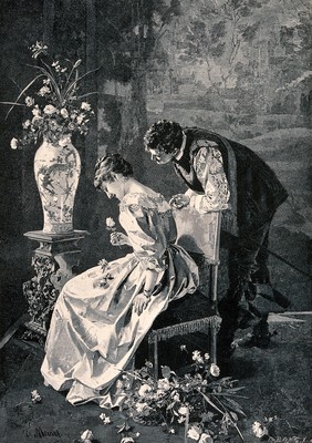 A young man leans over the back of the young woman's chair and she is smiling as she holds the flower in her hand. Wood engraving by R. Bong X.A. after E. Meisel.