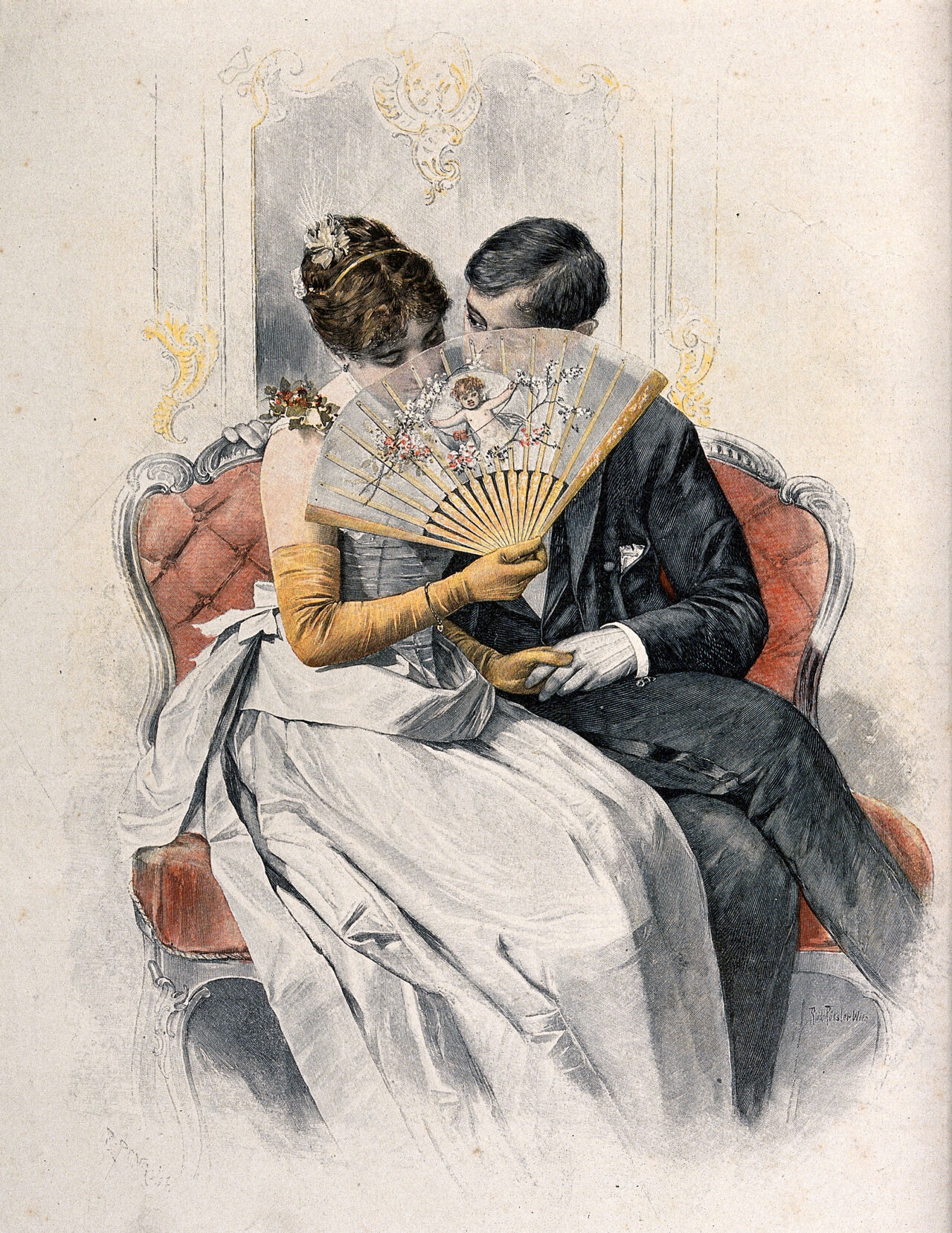 A young loving couple sit on a sofa holding hands while she coyly holds a fan up to her face. Coloured wood engraving after Rud. Rössler., December 1894, by Rudolf Rössler