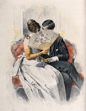 A young loving couple sit on a sofa holding hands while she coyly holds a fan up to her face. Coloured wood engraving after Rud. Rössler.