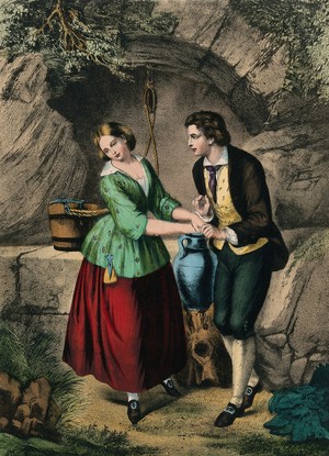 view Standing before a well, a young man holds a young woman's hand and makes an appeal to her. Chromolithograph.