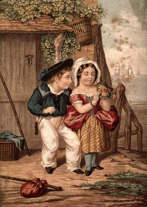view A small boy dressed as a sailor has come ashore and is giving a small girl a posy of flowers. Aquatint.