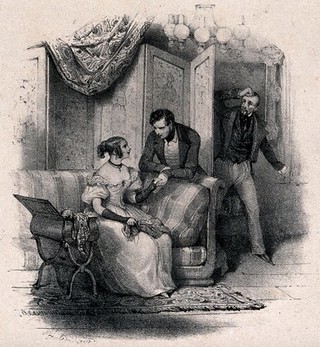 Jealousy: a young woman sits on a sofa talking to a young man as an older man comes rushing through the door looking anxious. Lithograph by Jules David, 1834.