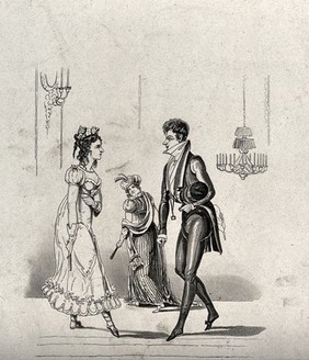 A young couple face one another during a dance watched with interest by another woman in the background. Etching and aquatint by G. Hunt after M. Egerton, 1825.