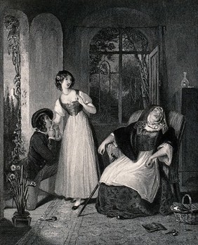 While her mother sleeps, a girl keeps watch on her as her lover on bended knee kisses her hand. Engraving by H.C. Shenton after F.P.Stephanoff.
