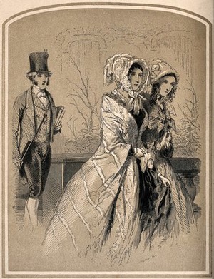 view Two young women walking together are being followed by a young man carrying books and a walking cane. Tinted wood engraving by H. Vizetelly after Paul Gavarni.