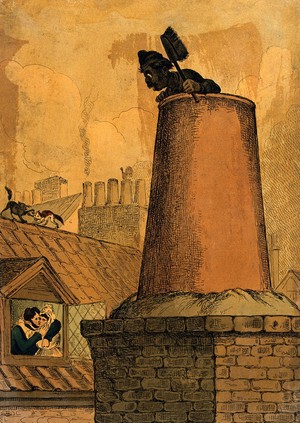 view A chimney sweep looks over the top of the chimney from where he can see a man and a woman embracing through an open window. Coloured etching.