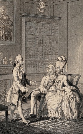 A young man stands in front of an older couple with his hands extended. Etching and engraving by Isaac Taylor after himself, 1778.
