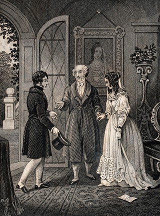 A young man removes his hat as he is introduced to a young lady by an older man. Engraving by W. Basell after himself, 1842.