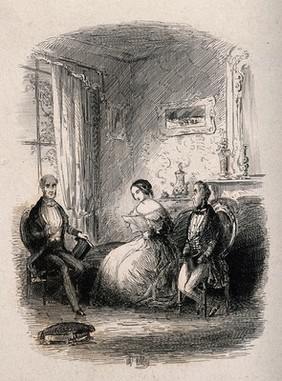 A young women sits reading a sheet of paper while one man listens attentively and the other looks away. Etching by A. Ashley.