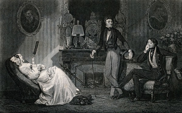 A young woman rests back in her chair as one young man leans his elbow on the mantelpiece and another sits easily in a second chair. Engraving.