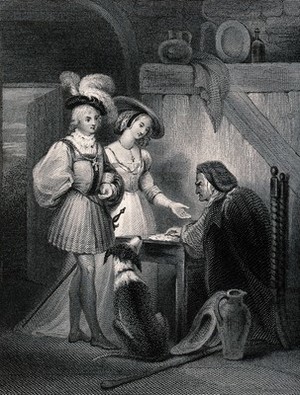 view A young couple visit a fortune teller to have their future predicted. Engraving by Charles Rolls after Alfred Johannot.