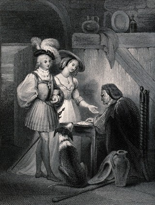 A young couple visit a fortune teller to have their future predicted. Engraving by Charles Rolls after Alfred Johannot.